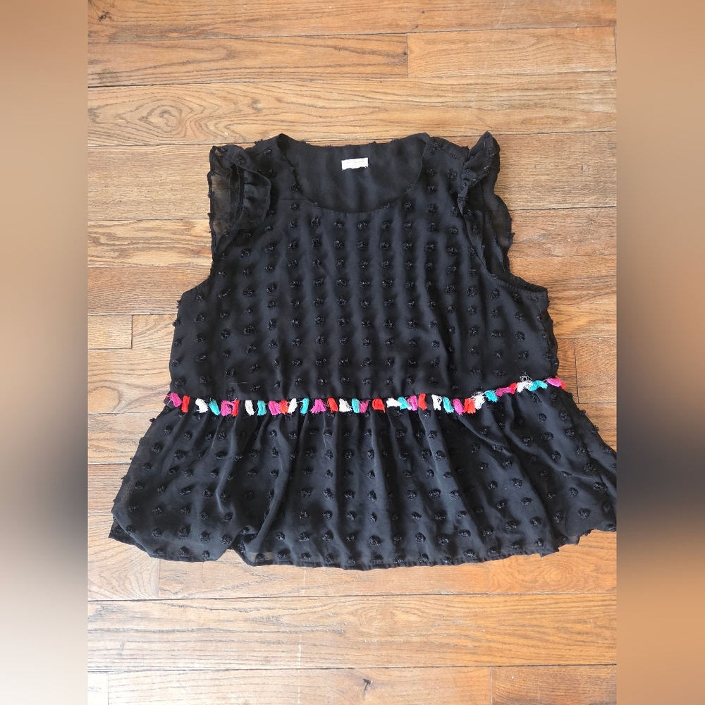 ChicSoul Black Textured Sleeveless Top with Multicolor Tassel Trim